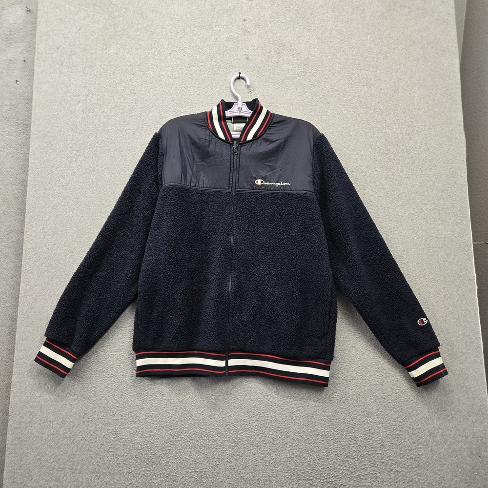 Champion Men Jacket LARGE Navy Embroidered Baseball Jacket Sherpa